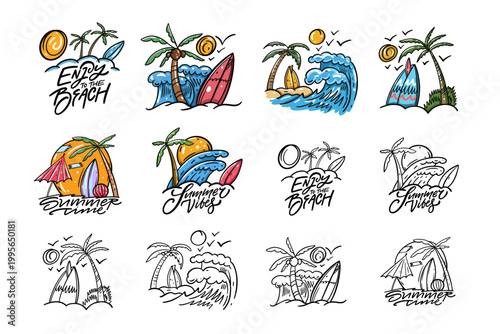 Summer beach badges set with waves palm trees surfboards and lettering