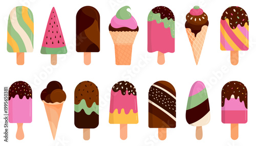 Flat Ice Cream Cartoon Dessert Collection. Colorful vector ice cream. Summer sweet dessert, waffle cones, popsicles set. 