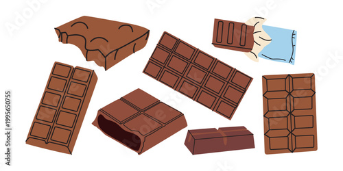 Vector set of various chocolate bars and pieces. Dark and milk chocolate, broken pieces and unwrapped bars. Hand drawn flat illustration of cocoa sweets
