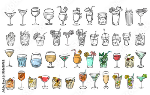 Cocktail drinks collection with various glasses and colorful beverages