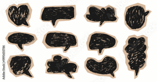Grunge Collage Speech Bubbles Scrapbook Set. Doodle brush stroke sticker collage chat boxes. Chalk texture communication balloons stickers vector set. Paper cut sketch collage for retro journals