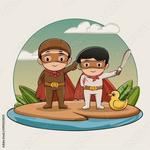 Two cartoon superheroes with capes and masks on an island with a duck
