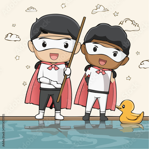 Two Chibi Superheroes with a Rubber Duck