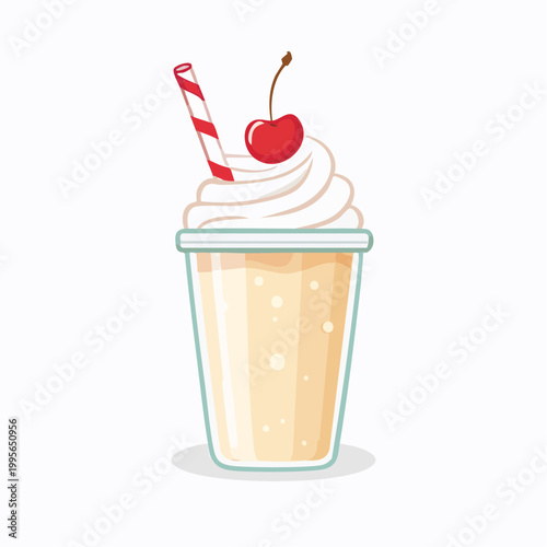 Vanilla milkshake with cherry and straw