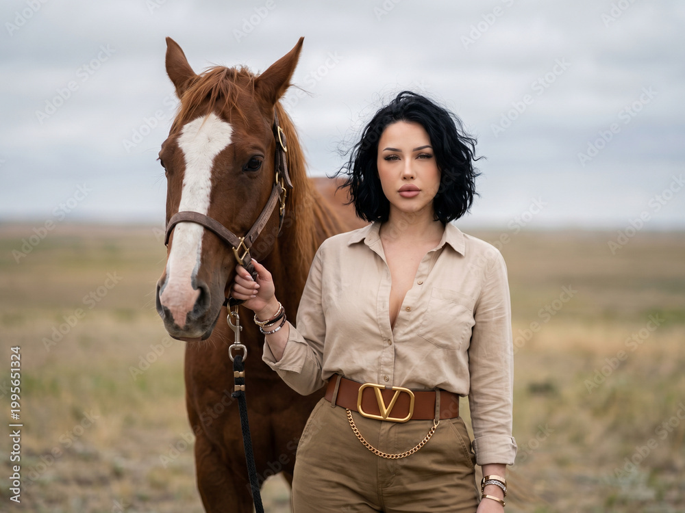 Obraz premium A cinematic mid-length portrait a female with a strong and elegant presence standing next to a horse