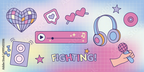 Cute colorful pastel K-pop sticker pack with Korean music culture icons. Hand-drawn vector elements for planners, scrapbooking, merch and social media