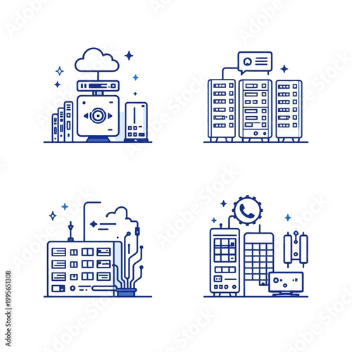 Cloud Computing and Data Center Icons Set in Blue Line Art Style