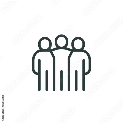 Friendly team, support group or teammates thin outline icon. Minimalist line sign three people hug each other. Vector isolated pictogram perfect for web and app or infographic editable stroke.