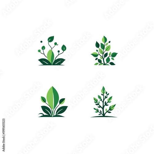 Collection of Green Plant Icons on White Background