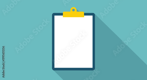 Blank white clipboard with a yellow clip casting a long shadow on a teal background provides space for text, notes, and task-making concepts.