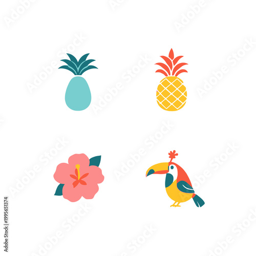 Tropical Icons Set with Pineapple, Hibiscus, and Toucan Illustrations