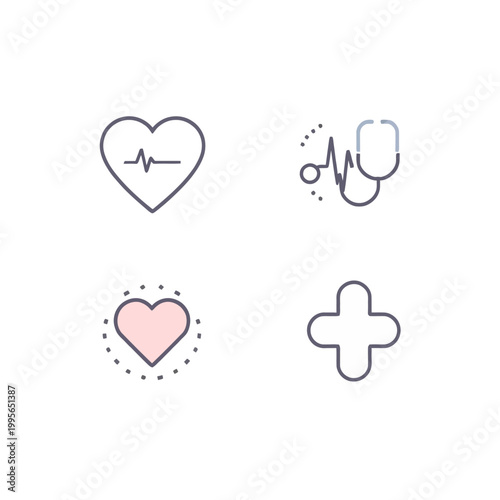 Minimalist Medical and Health Icons Set with Heartbeat and Cross