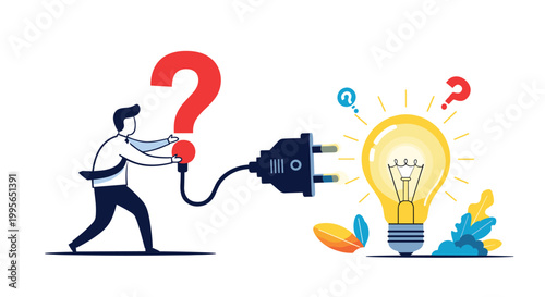 Clever businessman plugging a large red question mark into a glowing lightbulb illustrates finding solutions and creative innovative thinking.