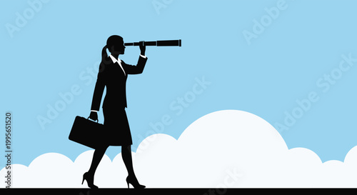 Silhouette of a professional businesswoman walking and looking through a long telescope against the sky represents strategic business vision.