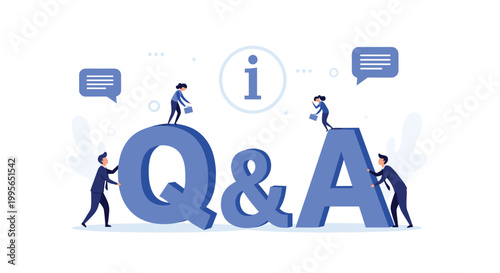 Team of business professionals interacting with large q and a letters to provide support and answers for customer inquiries.