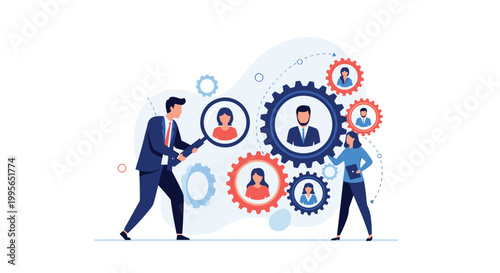Human resources manager using a magnifying glass to find the best candidate within a system of interconnected gears and people.