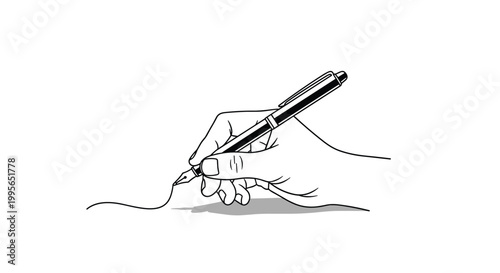 Hand drawing a wavy line with an ink fountain pen to represent signature, writing, creative process, or signing legal contracts.