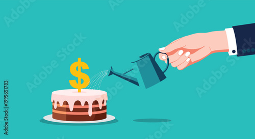 Hand using a watering can to grow a dollar sign on top of a chocolate cake symbolizing financial investment and wealth growth.