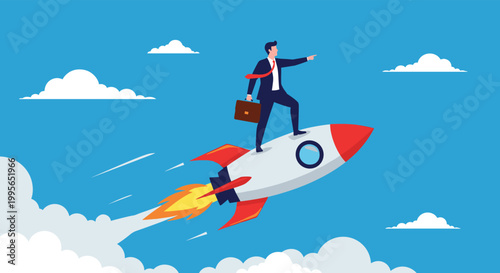 Confident businessman riding a fast rocket into the blue sky pointing forward to show leadership and rapid business growth.