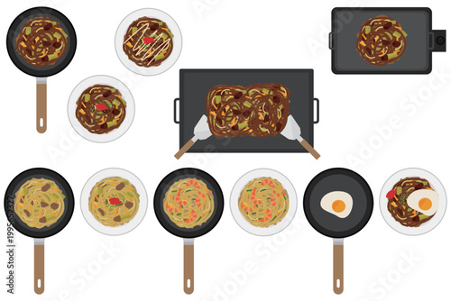 ソース焼きそばや塩焼きそばのフライパン鉄板ホットプレートなど色々な真上から見たイラストセット