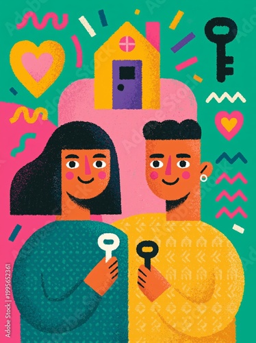 Colorful Illustration of Two People Holding Keys in a Playful, Pixelated Style with Surrounding Symbols and Emojis
