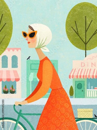 Woman Riding Bicycle in Vintage-Style Illustration