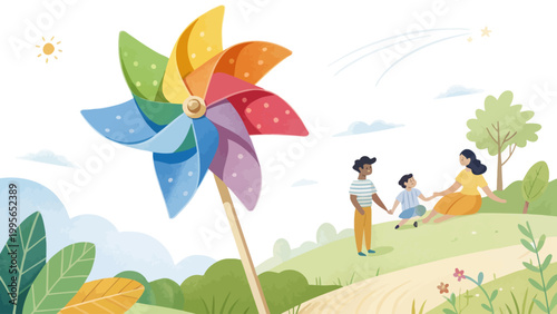 A colorful illustration of a family enjoying a sunny day in a park with a large pinwheel