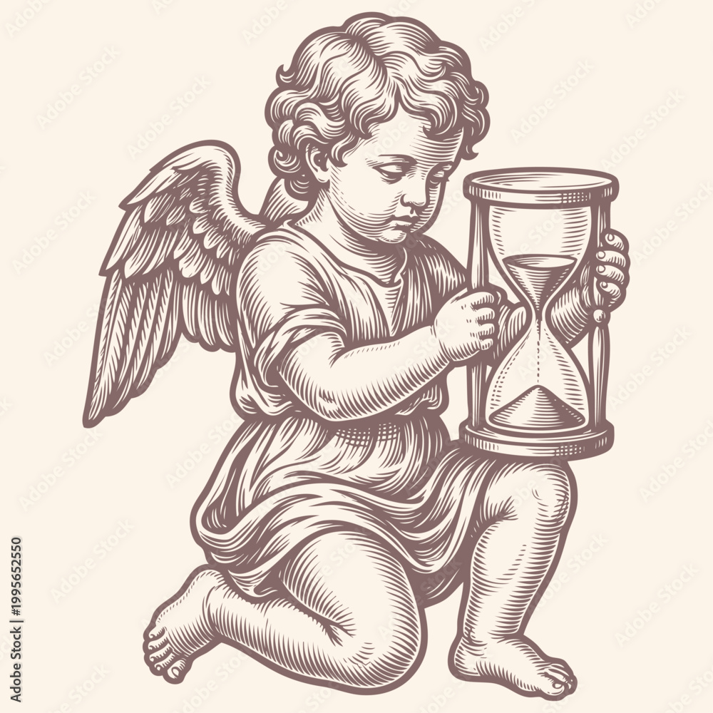Naklejka premium Kneeling angel or cherub holding an hourglass. A vector illustration in a classic engraving style, symbolizing the passage of time, life and mortality.