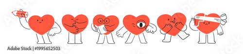Cute heart characters set. Funny love mascots, romantic happy and sad upset emotions, valentine face expressions, with book, pencil, magnifier. Flat vector illustrations isolated on white background
