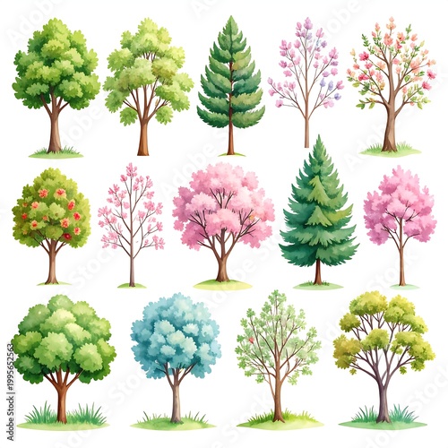 Collection of assorted colorful watercolor trees