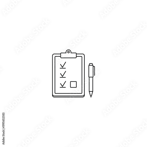 Clipboard with checklist and pen icon isolated on white background