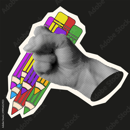 Halftone Collage. Vector Halftone effect hand hold colored pencil with white outline isolated black background. Perfect Education Sticker art for School concept design. EPS 10