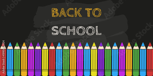 Back to School minimal horizontal Banner design. Vector Back to School concept with colorful pencil charcoal bold text and dirty blackboard background. EPS 10
