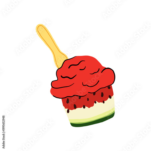 Watermelon ice cream in a cup with a spoon. Summer cold dessert. Frozen sweet watermelon dessert. Vector image on a white background.
