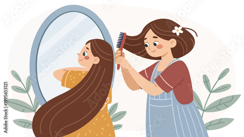 A cartoon illustration of a girl combing her friend's long brown hair in front of a mirror