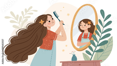 A young girl with long brown hair is brushing her hair in front of a mirror