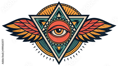 A vibrant and intricate illustration of an all-seeing eye surrounded by colorful geometric patterns and wings