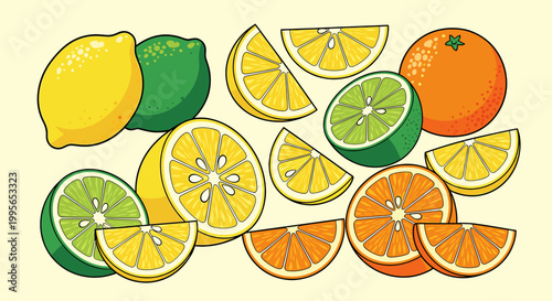 Tableau sur toile A vibrant illustration featuring a collection of whole and sliced citrus fruits including lemons, limes, and oranges on a light background
