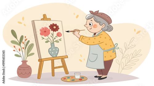 An elderly woman is painting a beautiful floral still life on an easel in her studio