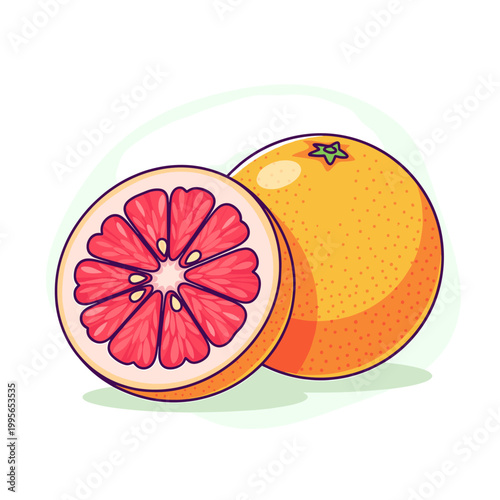 A vibrant illustration of a whole grapefruit and a halved grapefruit, showcasing its juicy pink flesh and segments.