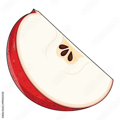 A vibrant red apple slice showcasing its crisp white flesh and dark brown seeds within its core.
