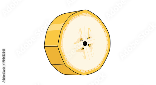 A close-up illustration of a single, perfectly sliced cross-section of a ripe yellow banana, showcasing its creamy white flesh and tiny black seeds arranged in a star-like pattern.