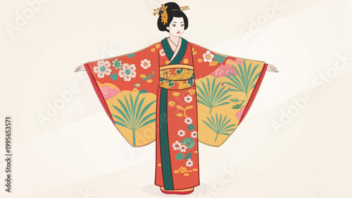 A traditional Japanese geisha wearing a vibrant kimono with floral patterns stands against a plain background