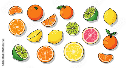 A vibrant collection of whole and sliced citrus fruits including oranges, lemons, limes, tangerines, and grapefruits on a white background.