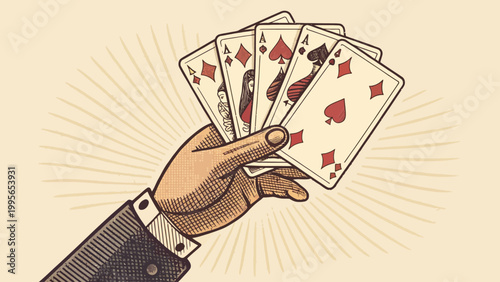 A hand holding a fan of playing cards in a vintage style illustration