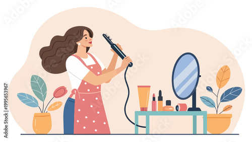 A woman in a pink polka-dot apron styling her hair with a flat iron in front of a mirror