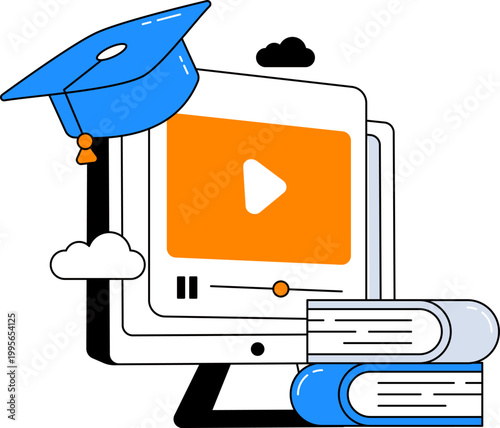 Computer monitor graduation cap and books for online education digital learning platform vector illustration