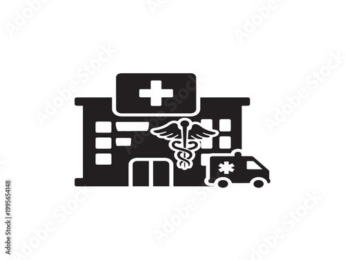 medical center building with ambulance and medical cross vector illustration