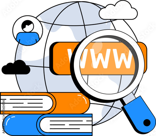 Globe and books with magnifying glass for global online education learning internet vector illustration