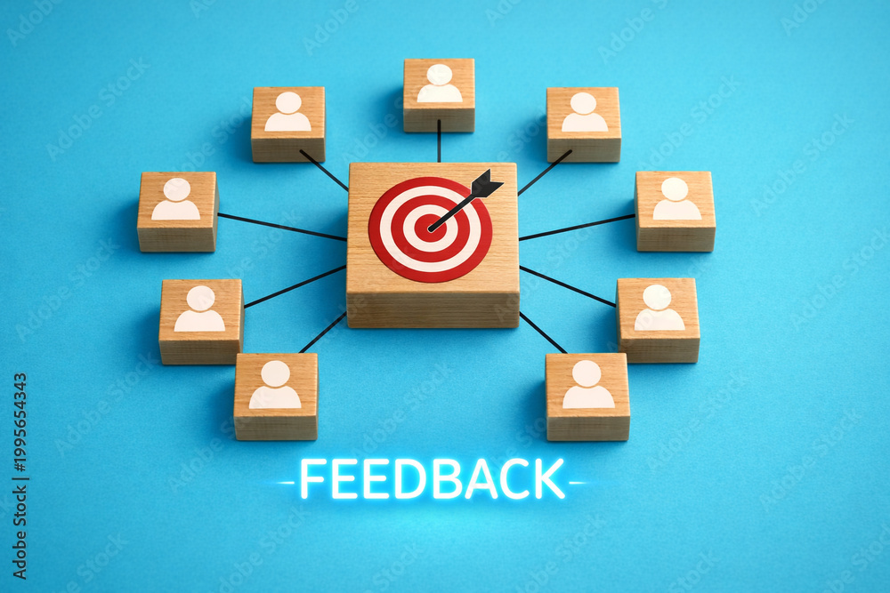 © Rohan Katwe - Conceptual feedback network showing central target with connected user icons, symbolizing customer insights, data collection, performance improvement, audience targeting, and communication strategy. © Rohan Katwe - Conceptual feedback network showing central target with connected user icons, symbolizing customer insights, data collection, performance improvement, audience targeting, and communication strategy.